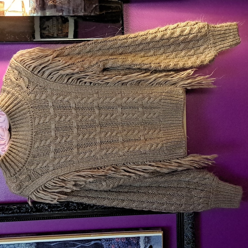 Altered State Brown Cable Knit Fringe Sweater. Size Small - Picture 5 of 8